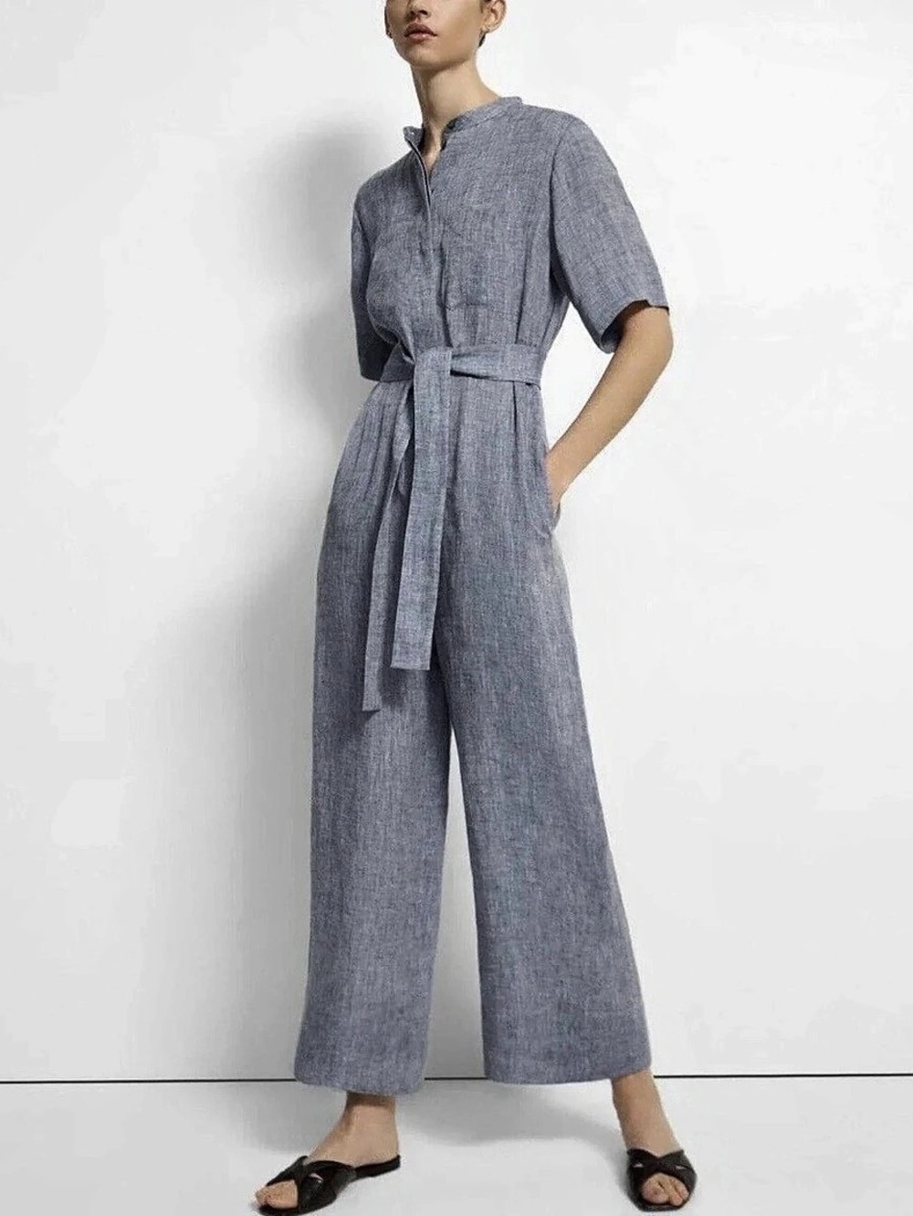 Theory Patch Pocket Blue Jumpsuit in Chambray Hemp Size 00